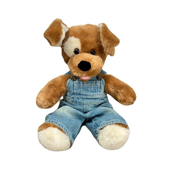 Build A Bear Light Brown Sugar Puppy Dog Denim Jean Overalls White Eye Patch BAB - Picture 1 of 8